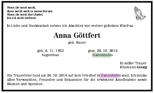 Bauer Anna 1932-2014 Todesanzeige